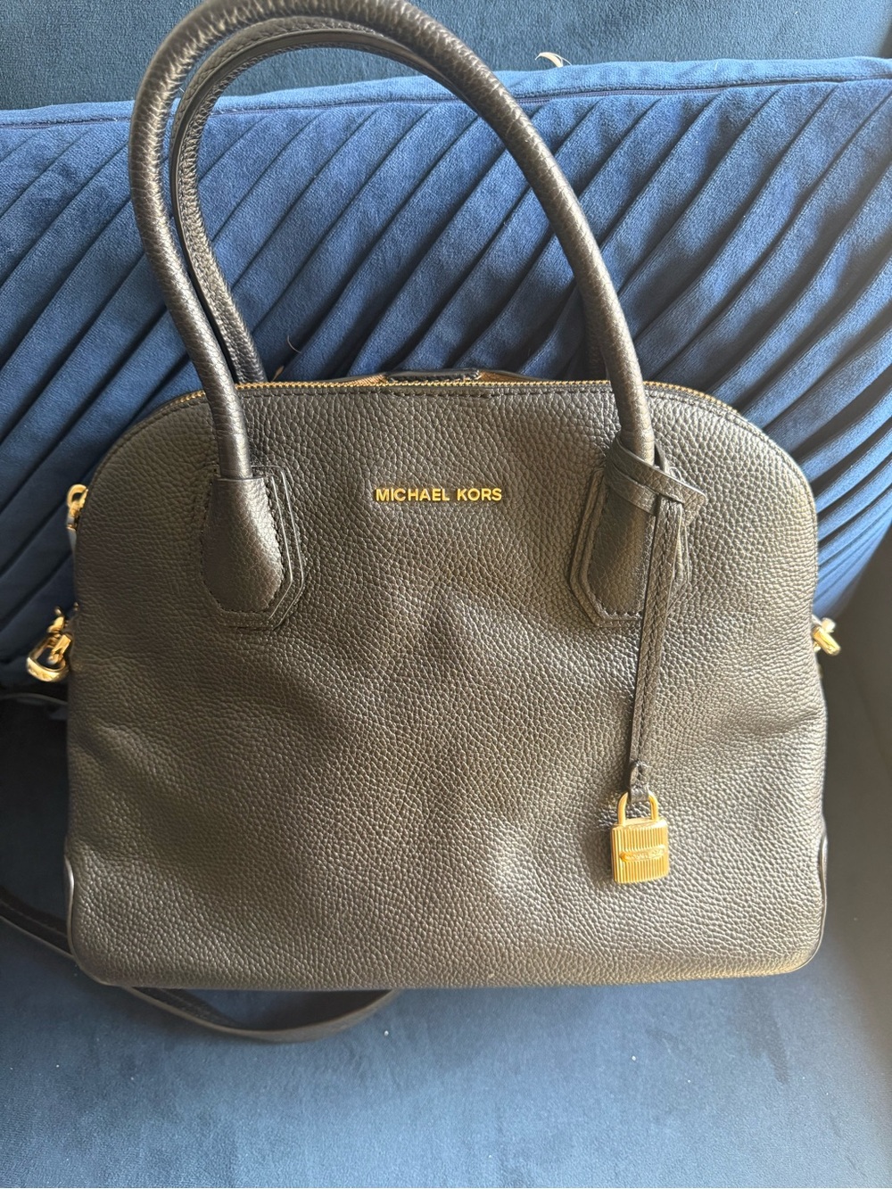 Michael Kors Black Pebbled Leather Dome Satchel with Gold Hardware